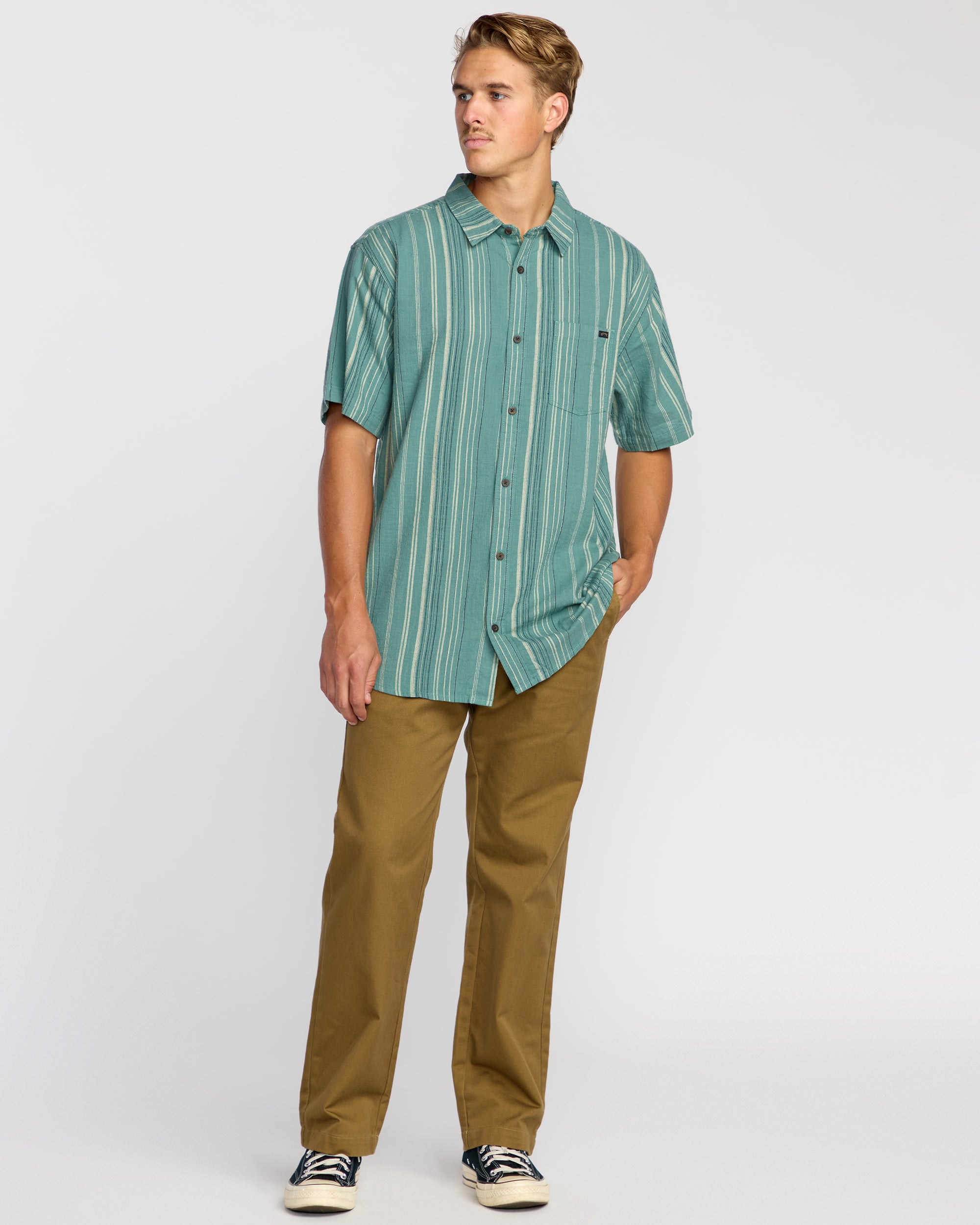 All Day Stripe Short Sleeve Shirt - Sage Green