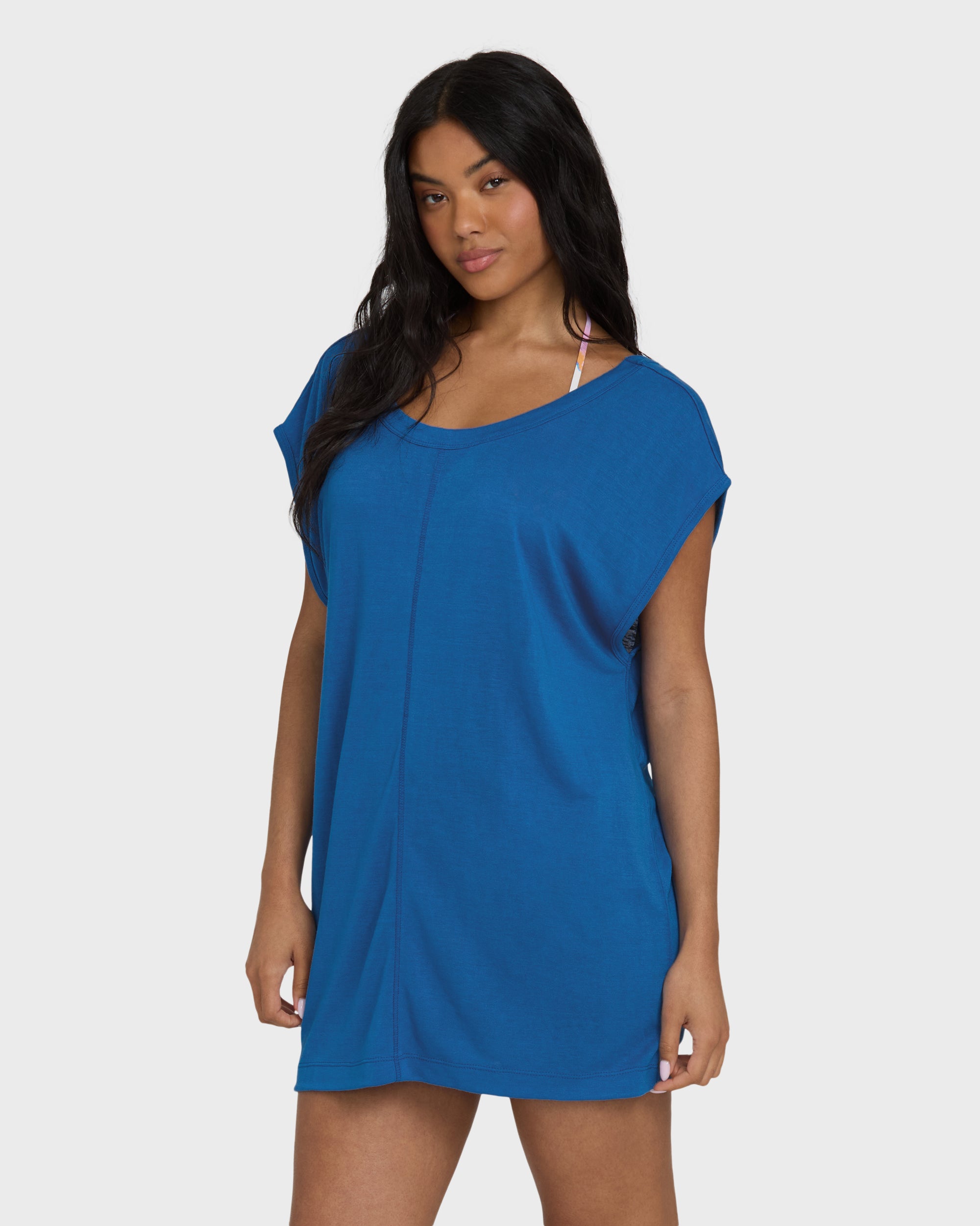 Hallow Wave Mini Short Sleeve Cover-Up Dress - True Blue