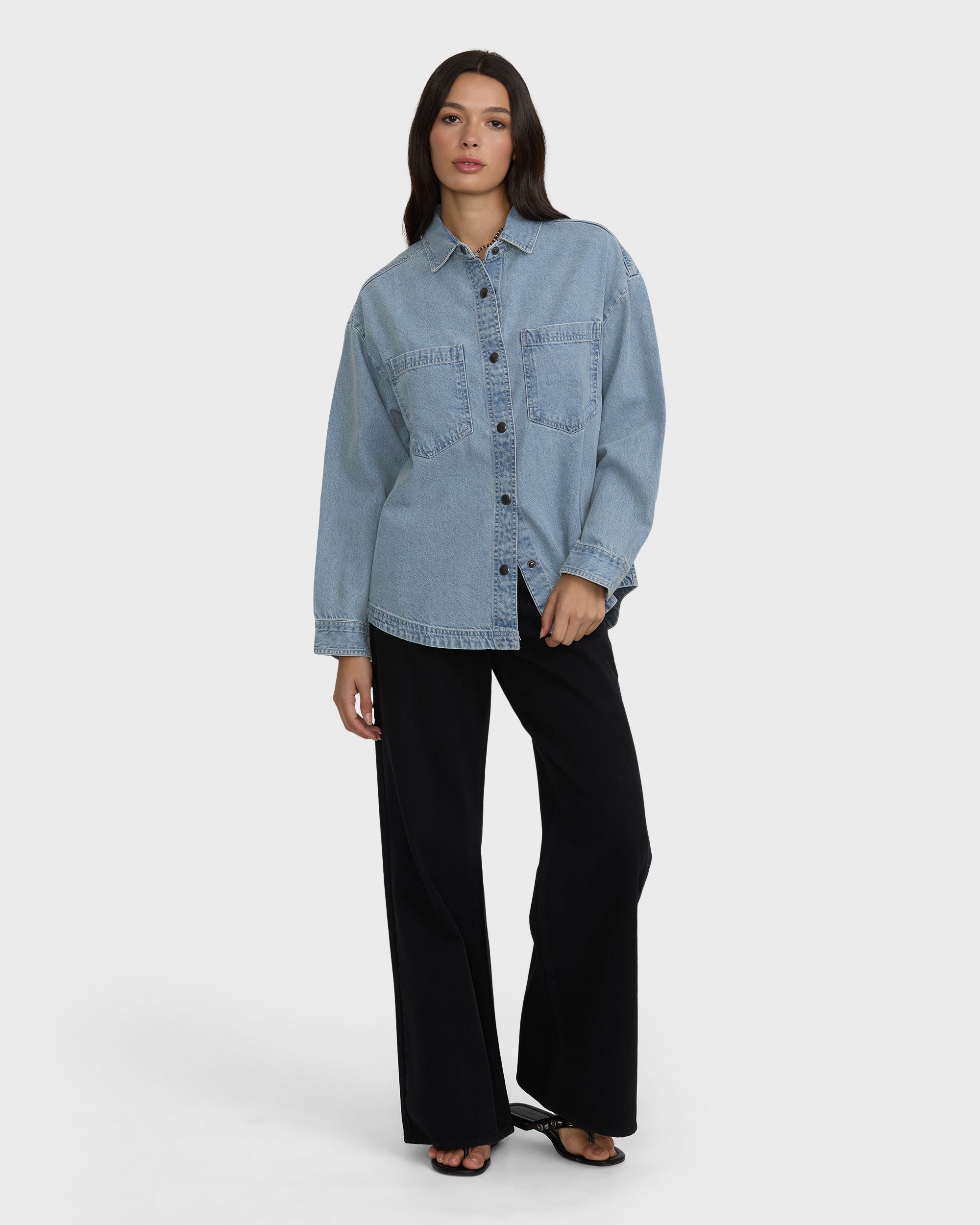 Mix Match Long Sleeve Denim Overshirt - Sky Wash