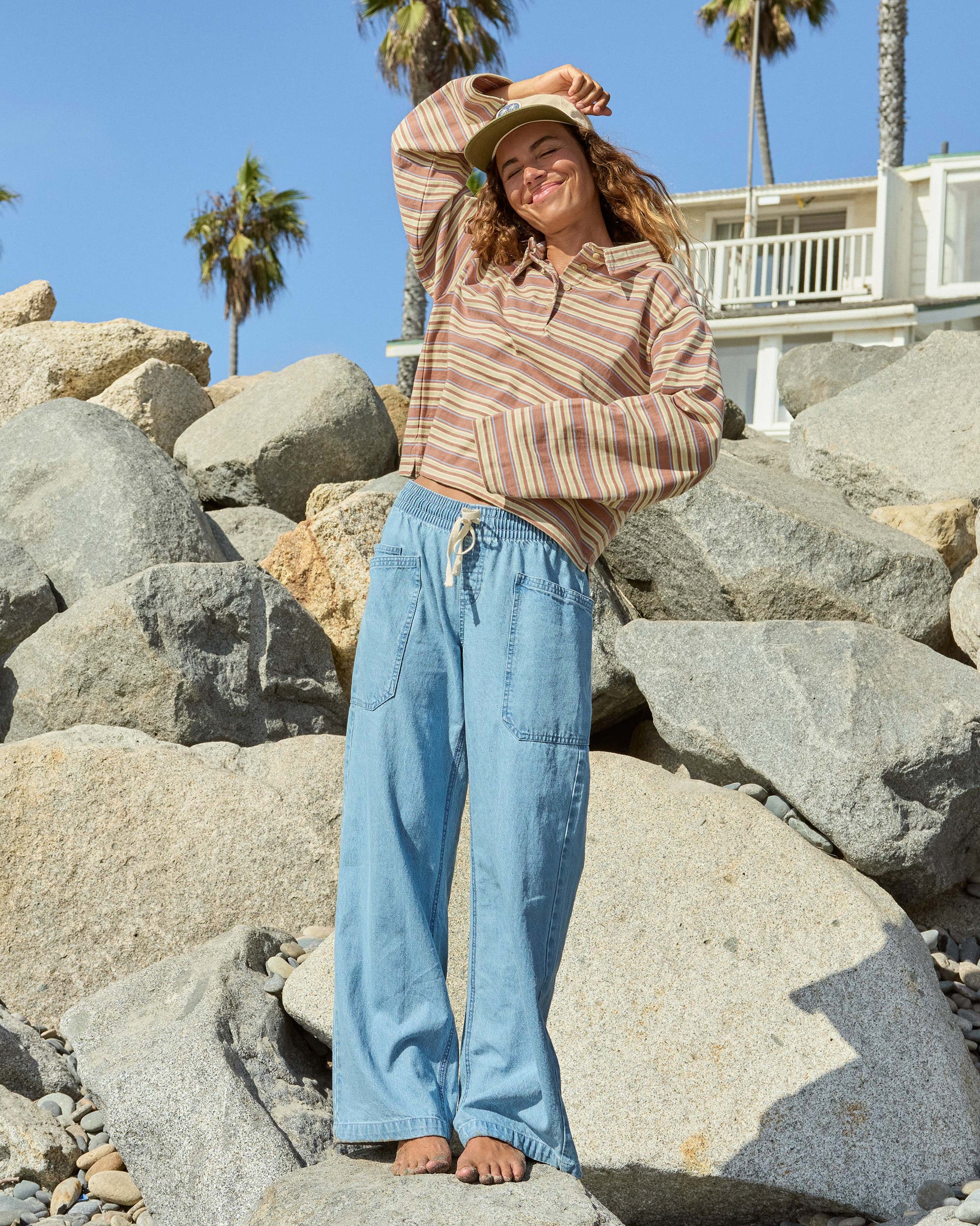 Zonte Elastic Waist Saltwashed Denim Pants - Sea Blue
